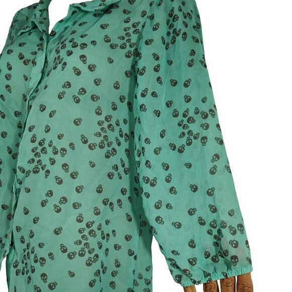 Wishful Park Green Button Up Skull Printed Blouse Top Sheer Women Size L 3/4 Slv - Picture 4 of 8